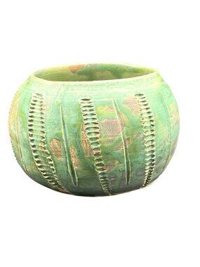 Handmade Studio Pottery Green Textured Planter Bowl Signed By Camille 4"H X 6"W